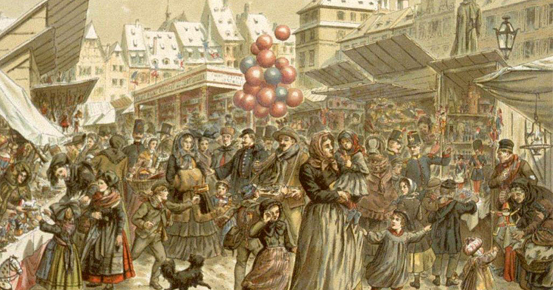 Christkindelsmärik sur la place Kléber en 1859 par Émile Schweitzer. © Domaine public - Bibliothèque nationale et universitaire de Strasbourg / Document remis